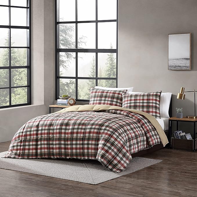 Eddie Bauer - King Comforter Set, Reversible Plaid Alt Down Bedding with Matching Shams, Home Decor for Colder Months (Astoria Red, King)