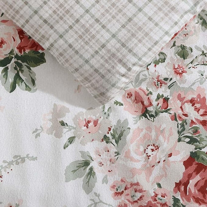 Laura Ashley - Queen Comforter Set, Reversible Brushed Cotton Flannel Bedding with Matching Shams, Luxuriously Soft & Warm Home Decor (Ashfield Red, Queen)